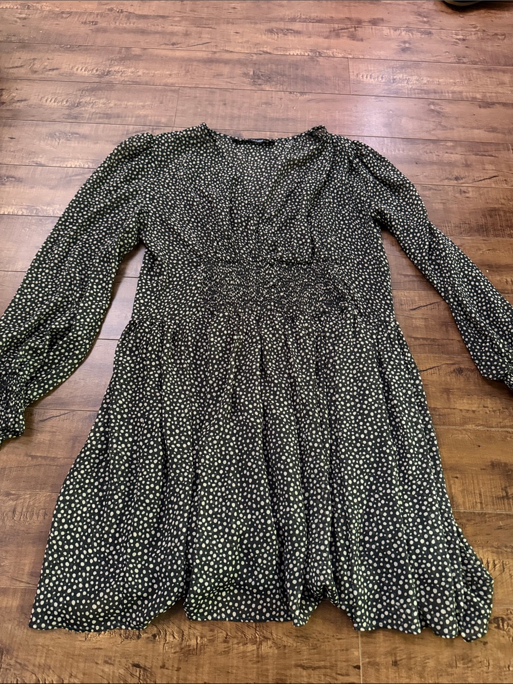 ZARA Black Polka Dot Long Sleeve Smocked-Waist Dress